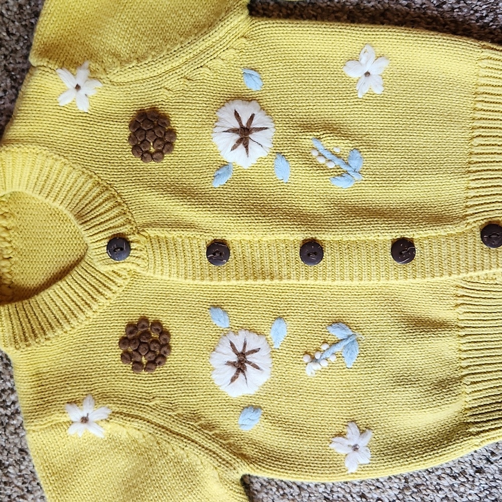 Girls' Yellow Floral Embroidered Knit Cardigan - Picture 2 of 8